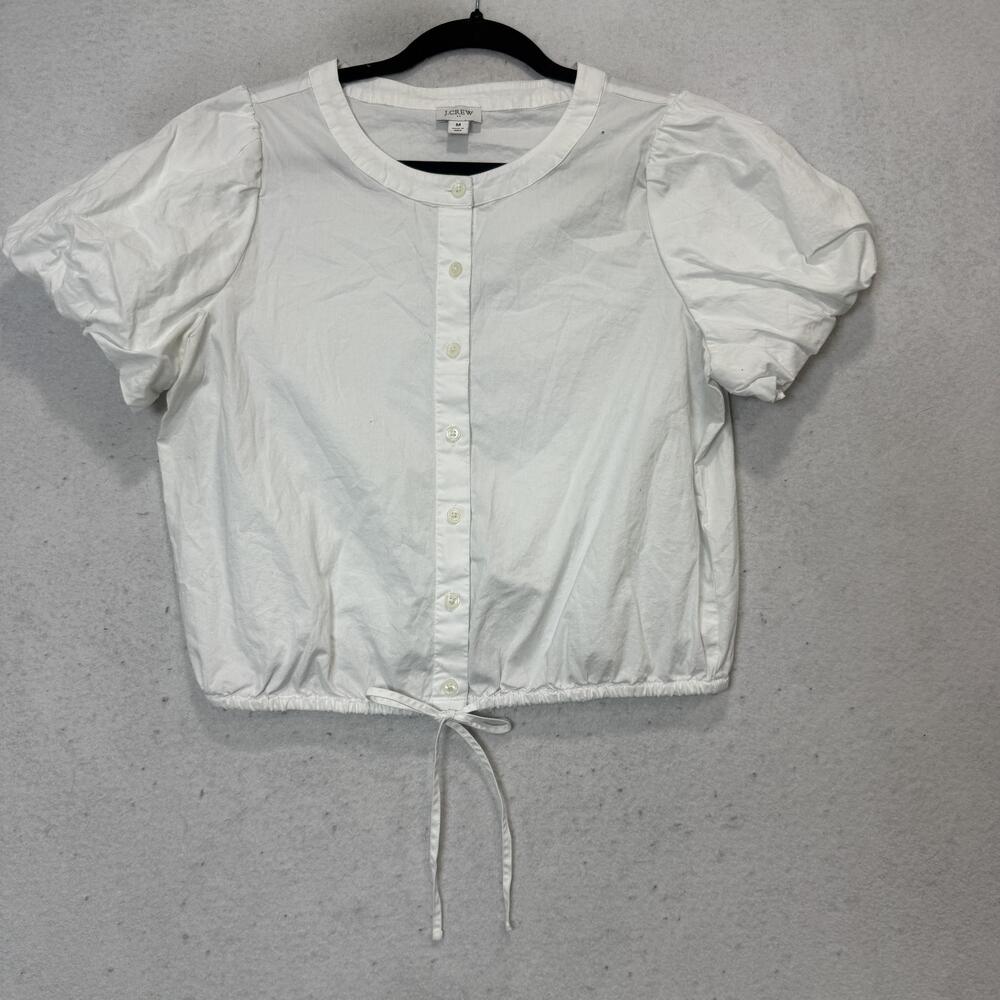 J Crew Blouse Womens Medium White Button Front Puff Sleeve Drawstring Hem